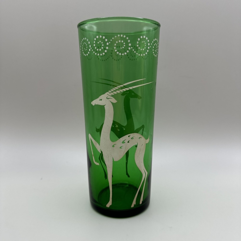 Vintage MCM Anchor Hocking Drinking Glass Tumbler Green Impala Cocktail Bar